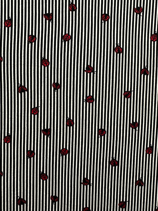 1 Yard Black Stripe Ladybug Print Double Brushed Jersey Knit Fabric Stretch 58 Inches Wide