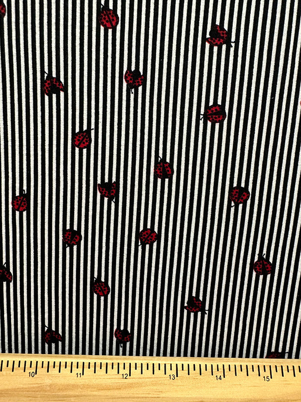 1 Yard Black Stripe Ladybug Print Double Brushed Jersey Knit Fabric Stretch 58 Inches Wide