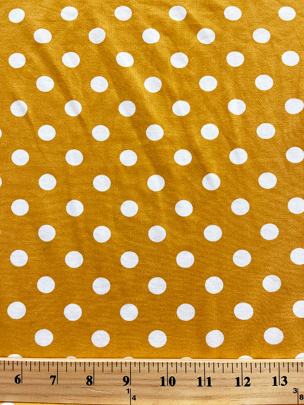 1 Yard White Dot on Gold Double Brushed Jersey Knit Fabric Soft Lightweight Stretch Apparel Material 60 Inches Width