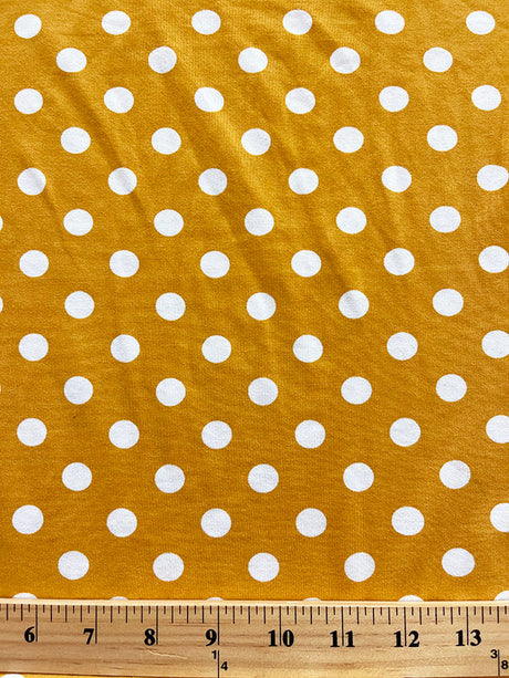 1 Yard White Dot on Gold Double Brushed Jersey Knit Fabric Soft Lightweight Stretch Apparel Material 60 Inches Width