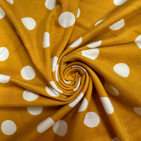 1 Yard White Dot on Gold Double Brushed Jersey Knit Fabric Soft Lightweight Stretch Apparel Material 60 Inches Width