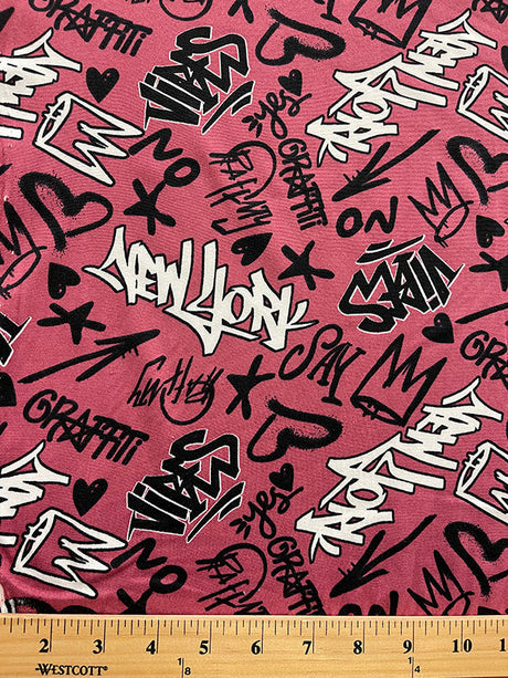 1 Yard Dark Rose Graffiti Print Double Brushed Jersey Knit Fabric Lightweight Soft Stretch Knit 60 Inches Width