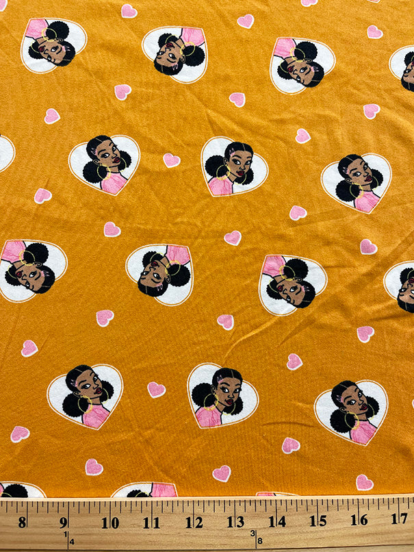 1 Yard Gold Girl Heart Pattern Double Brushed Jersey Knit Fabric Polyester Spandex 60 Inches Width