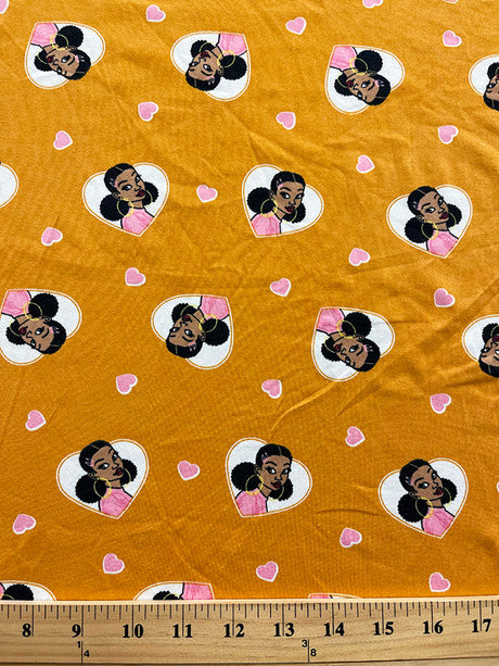 1 Yard Gold Girl Heart Pattern Double Brushed Jersey Knit Fabric Polyester Spandex 60 Inches Width