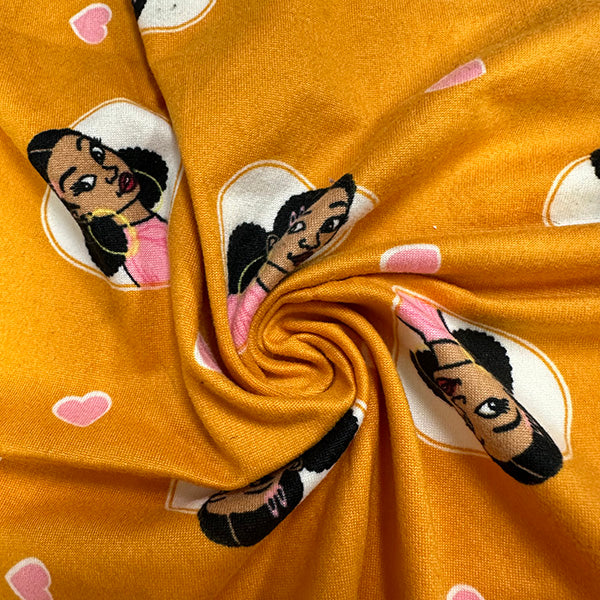 1 Yard Gold Girl Heart Pattern Double Brushed Jersey Knit Fabric Polyester Spandex 60 Inches Width