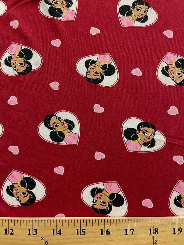 1 Yard Red Girl Heart Print Double Brushed Jersey Knit Fabric Soft Lightweight Stretch Knit 60 Inches Width