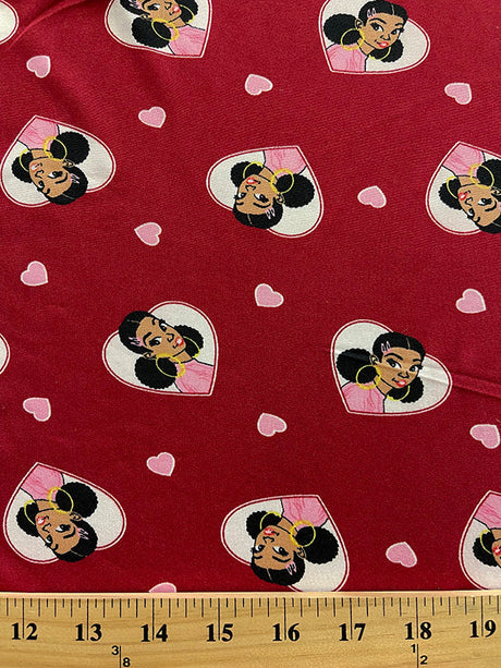 1 Yard Red Girl Heart Print Double Brushed Jersey Knit Fabric Soft Lightweight Stretch Knit 60 Inches Width