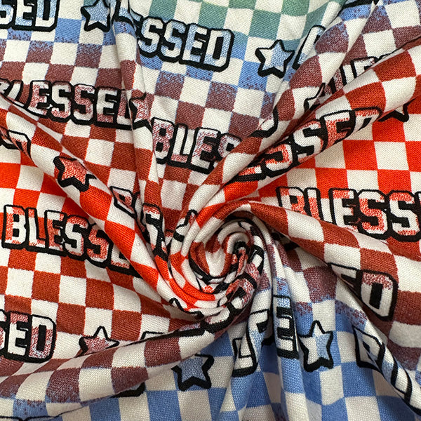 1 Yard White Multi Checkered Blessed Star Print Double Brushed Jersey Knit Fabric Soft Lightweight Stretch 60 Inches Width