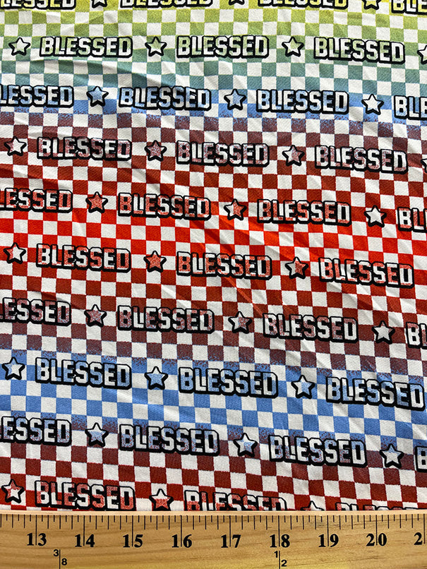 1 Yard White Multi Checkered Blessed Star Print Double Brushed Jersey Knit Fabric Soft Lightweight Stretch 60 Inches Width