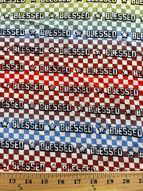 1 Yard White Multi Checkered Blessed Star Print Double Brushed Jersey Knit Fabric Soft Lightweight Stretch 60 Inches Width