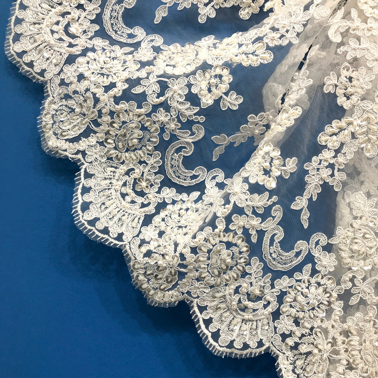 Beaded Corded Floral Lace Trim White