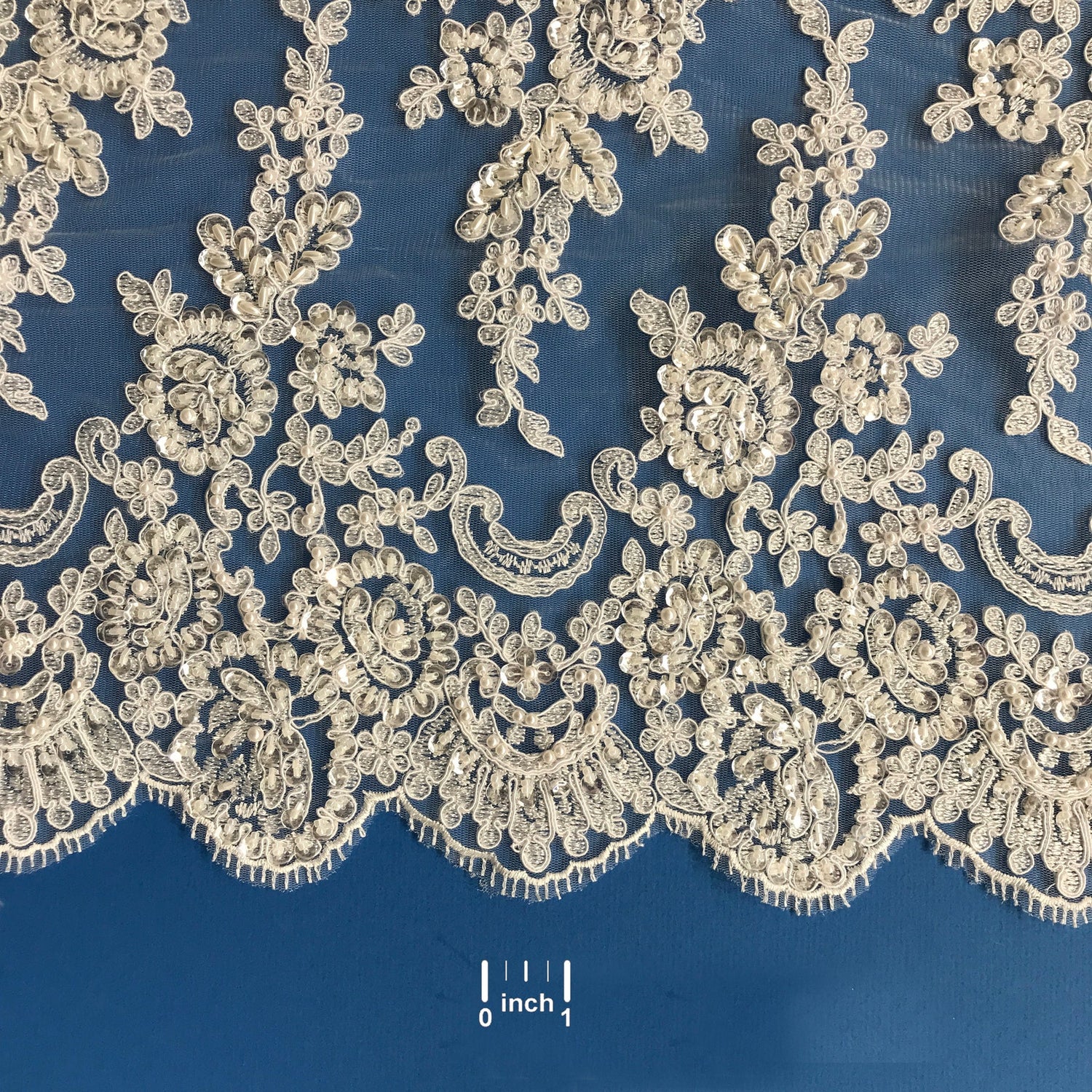 1 Yard Beaded & Corded Double Sided Floral Lace Trimming 100% Polyester Net Mesh 16.5" Wide