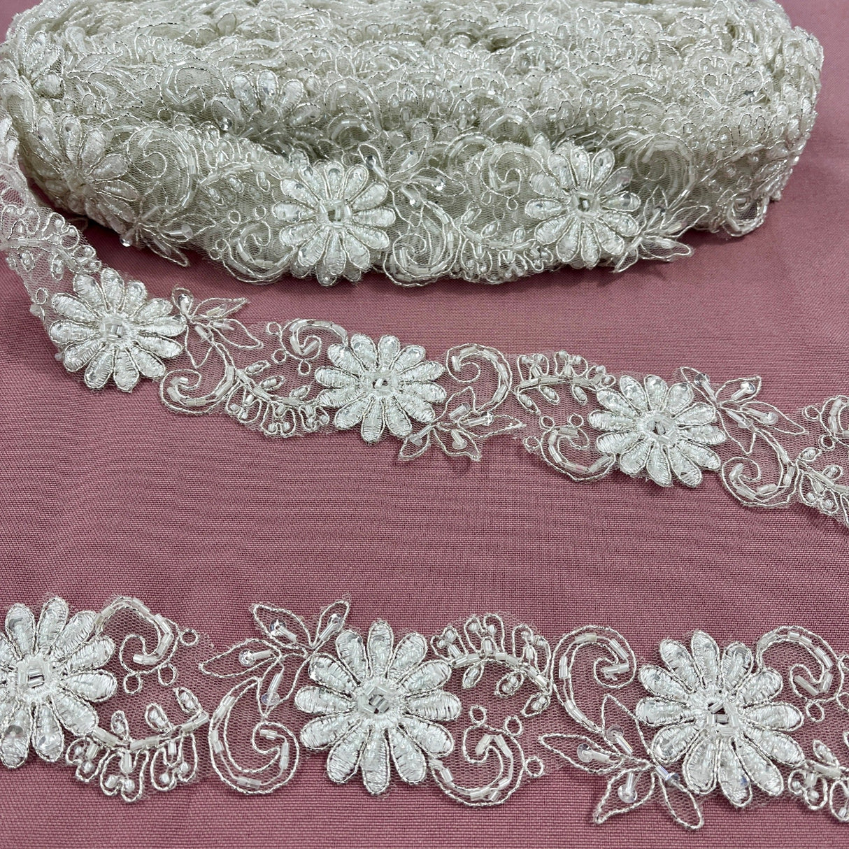 Beaded Corded Lace Trim on Polyester Mesh