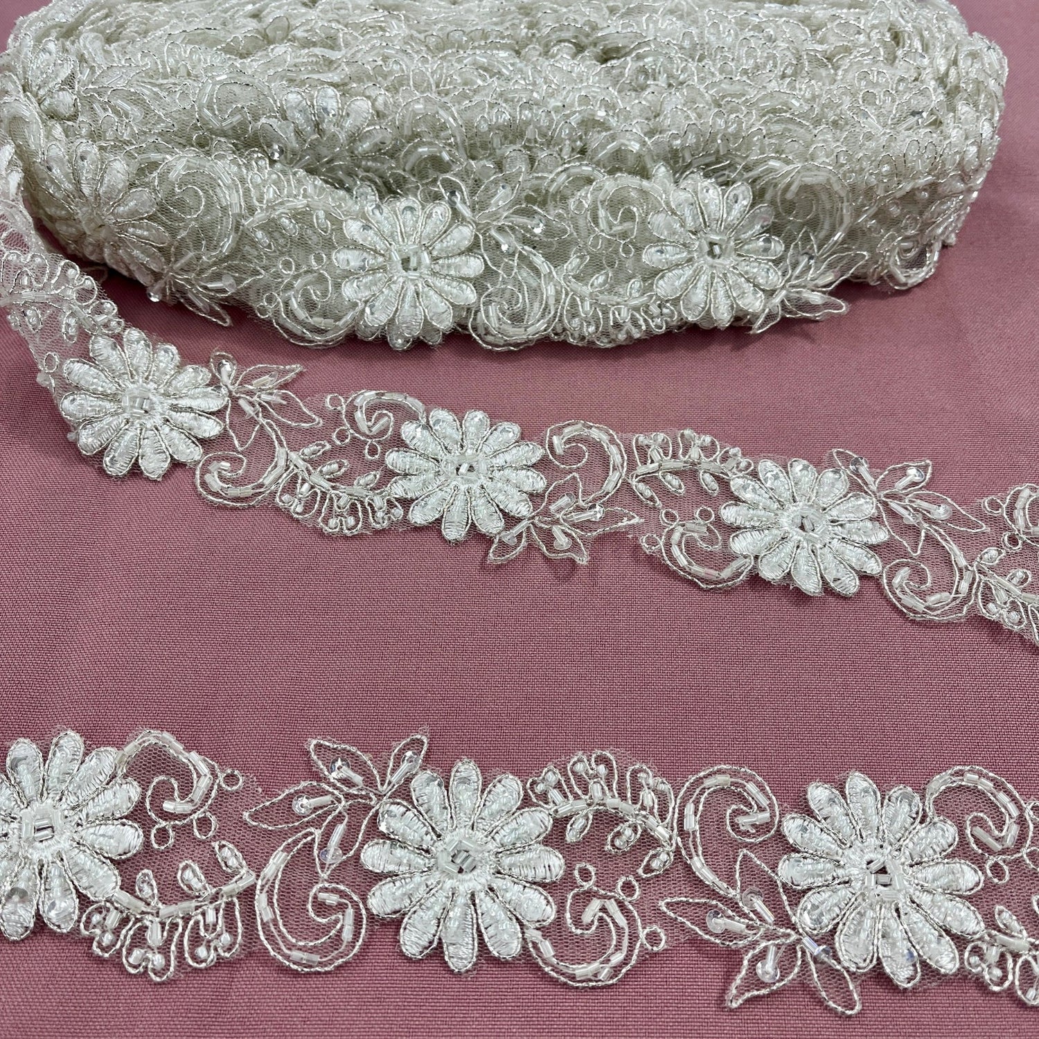 1 Yard Luxury Beaded Corded Lace Trimming on Net Mesh for Dresses 2 Inch Width