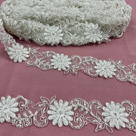 1 Yard Luxury Beaded Corded Lace Trimming on Net Mesh for Dresses 2 Inch Width