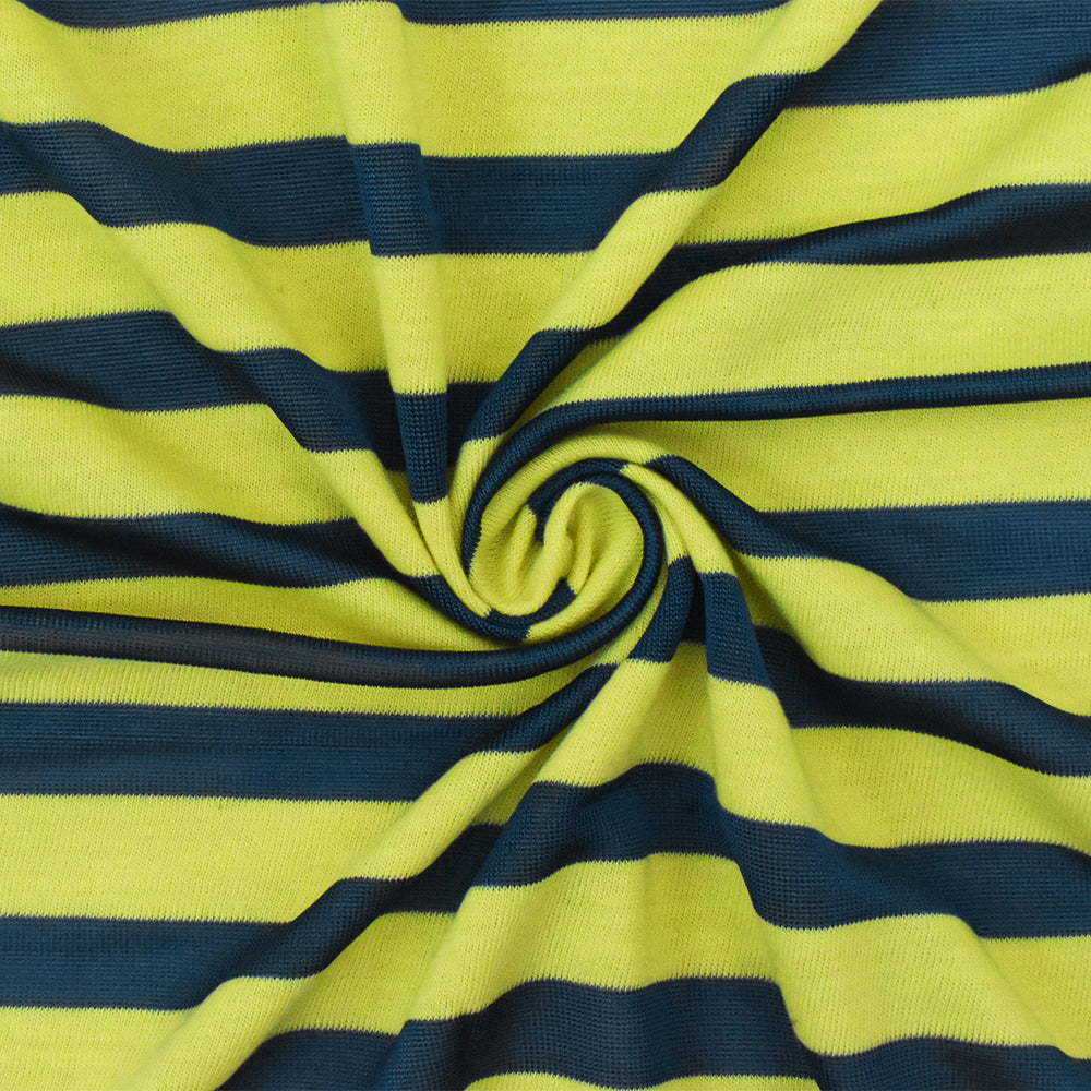 1 Yard Lemon Yellow Teal Stripe Stretch Jersey Knit Fabric 58 Inches
