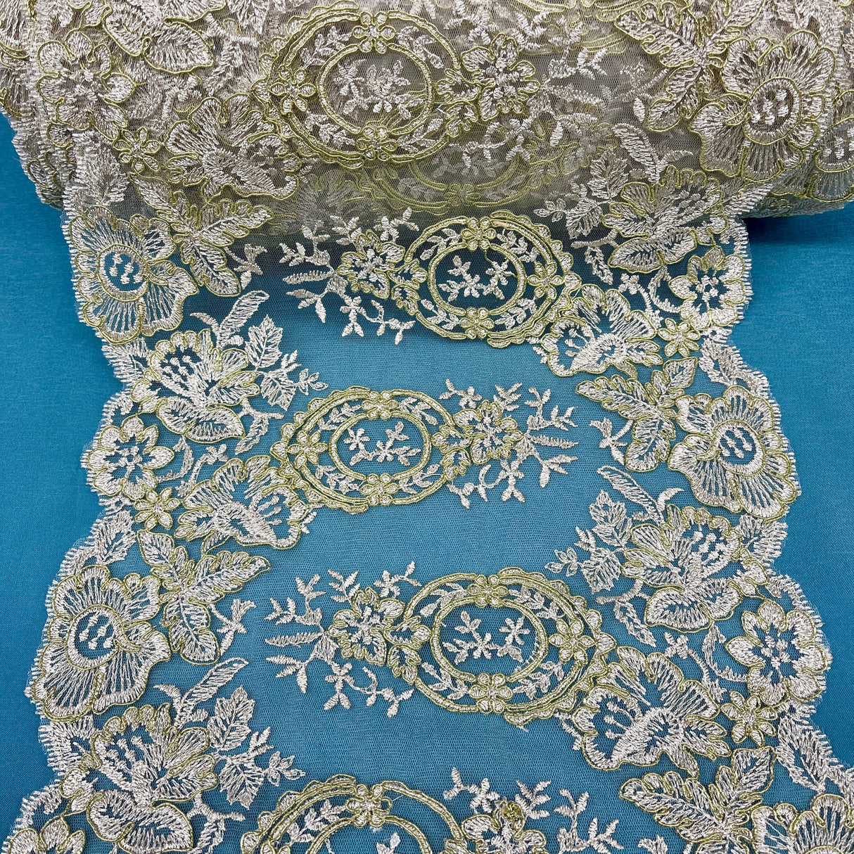 Embroidered Corded Lace Trim Gold Silver