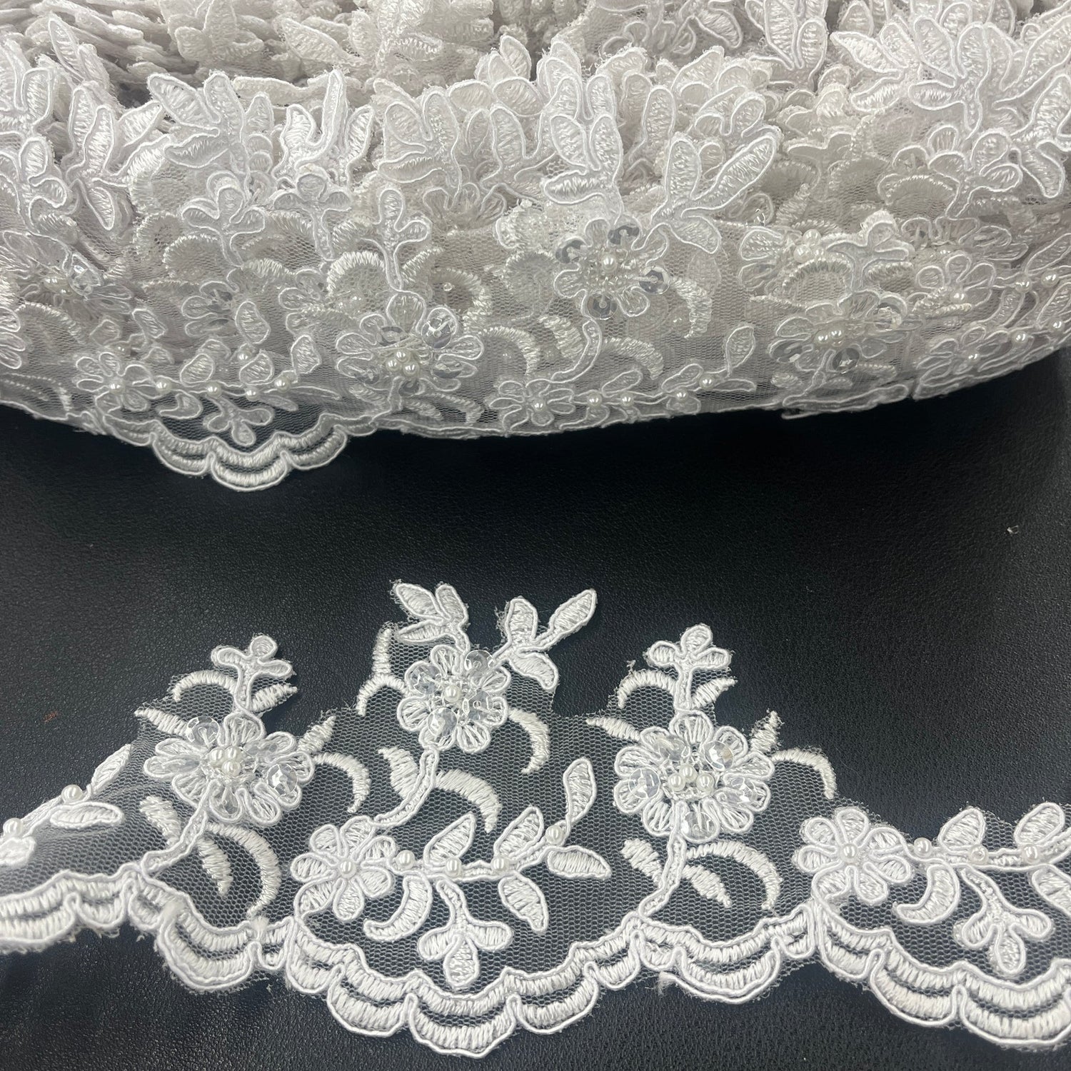1 Yard Beaded Corded Lace Trim 4" Wide White with Silver Embroidered on 100% Polyester