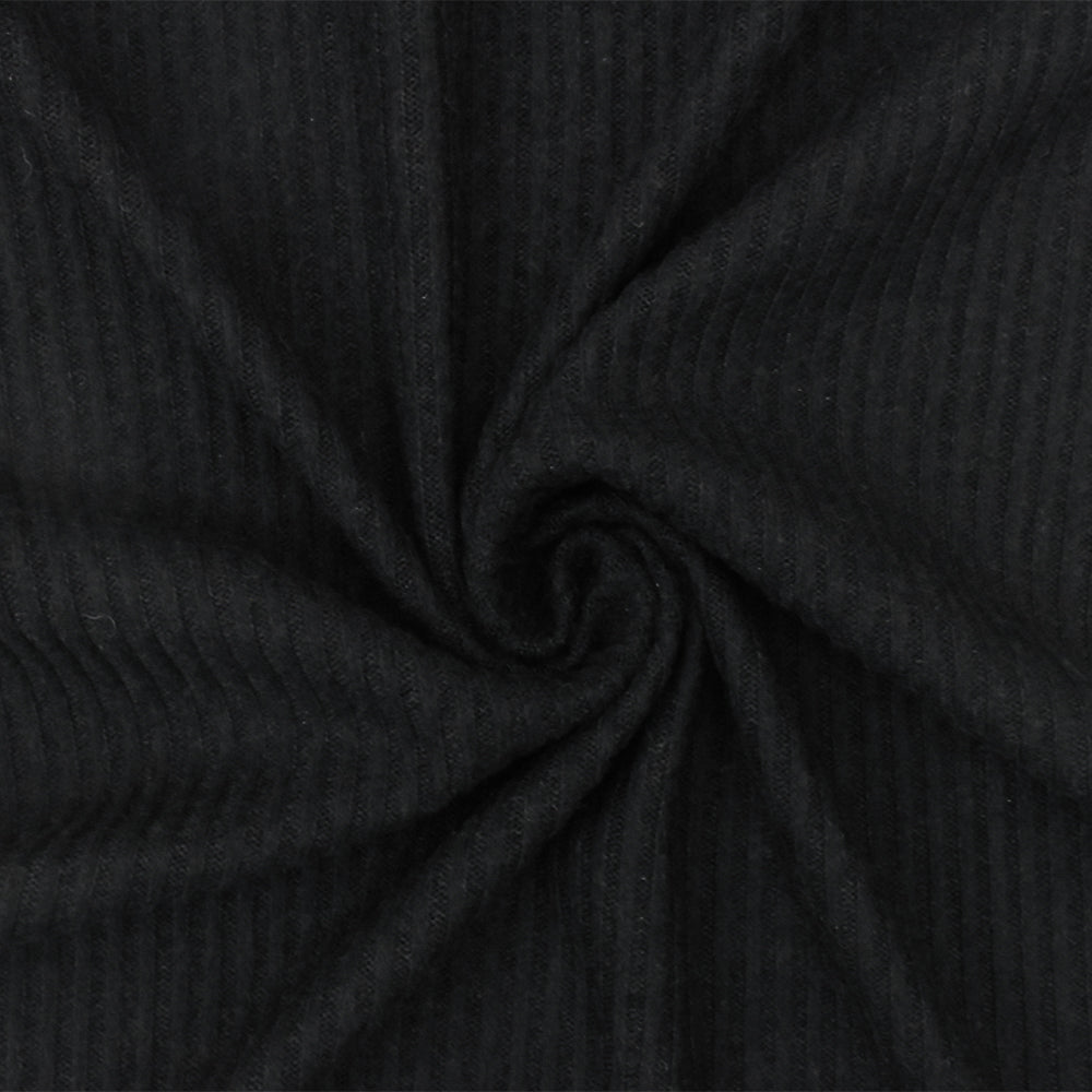 1 Yard Pitch Black Solid Stretch Brushed 2 by 2 Rib Knit Fabric 58 Inches Wide