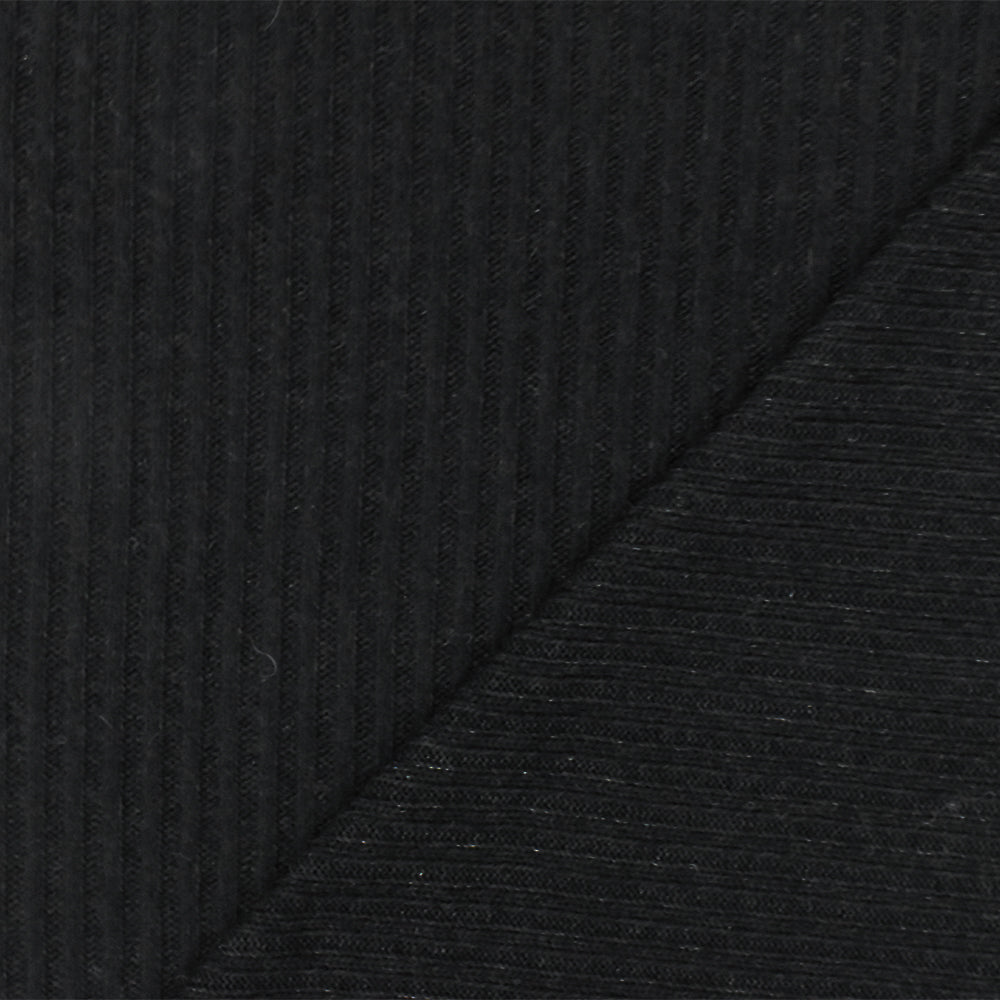 1 Yard Pitch Black Solid Stretch Brushed 2 by 2 Rib Knit Fabric 58 Inches Wide