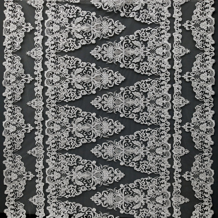 1 Yard Ivory Beaded and Corded Lace Fabric Embroidered on 100 Percent Polyester Net Mesh 51 Inch Width