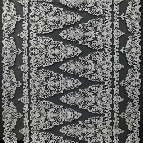 1 Yard Ivory Beaded and Corded Lace Fabric Embroidered on 100 Percent Polyester Net Mesh 51 Inch Width