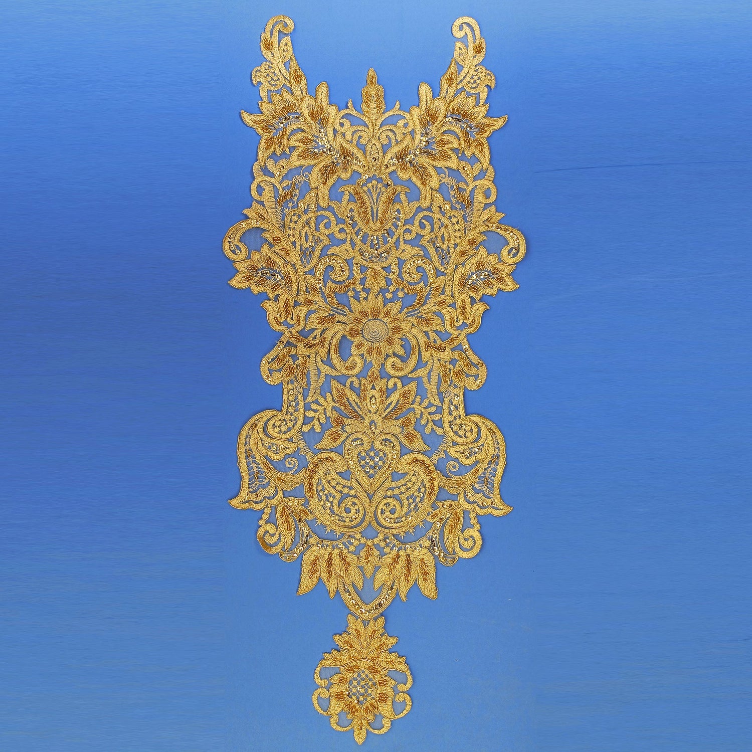 Beaded & Corded Lace Medallion Applique on 100% Polyester Mesh 25" x 10.5"