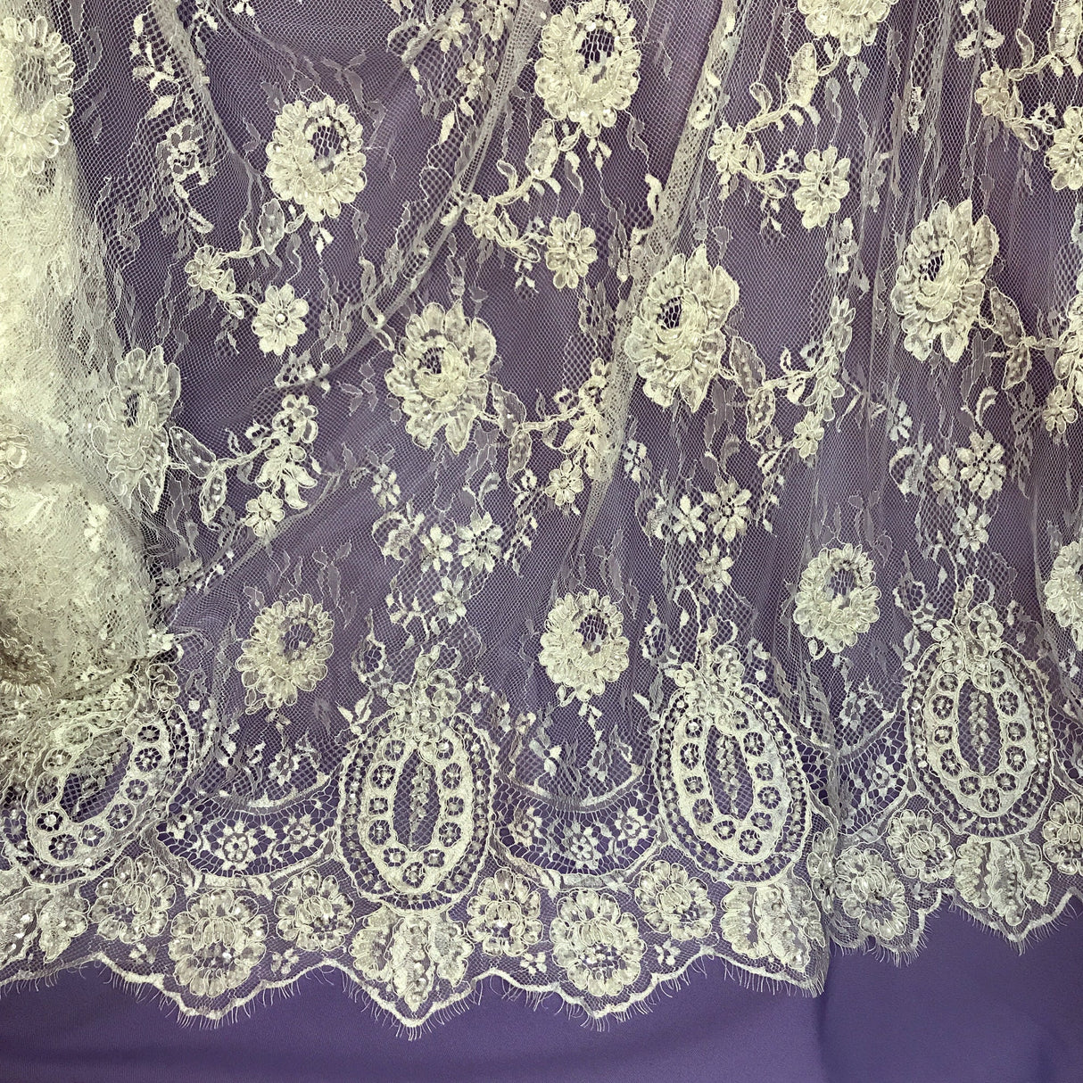 Beaded & Corded Chantilly Floral Lace Fabric - White Floral Embroidered Beaded Corded, 58" Width (3 Yards)