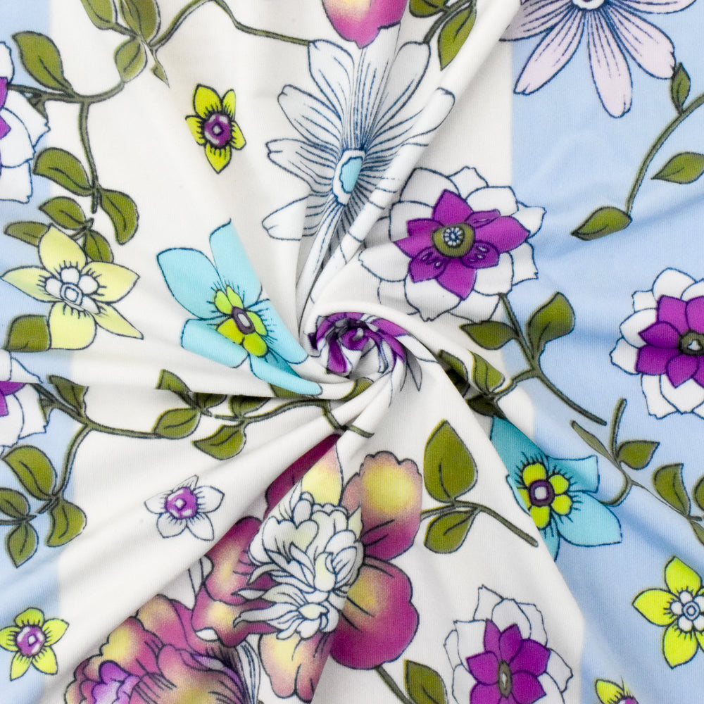 1 Yard Angel Blue Purple Multi Floral Printed Stretch Poly Swimwear Knit Fabric 58" Width