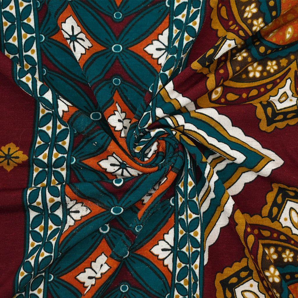 1 Yard Elegant Red Multi Moroccan Border Print ITY Jersey Fluid with Exotic Patterns for Unique Apparel, 61 Inches Wide