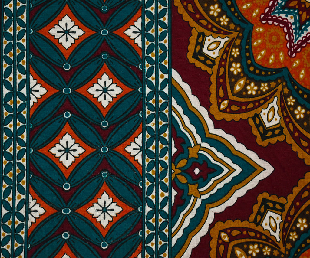 1 Yard Elegant Red Multi Moroccan Border Print ITY Jersey Fluid with Exotic Patterns for Unique Apparel, 61 Inches Wide