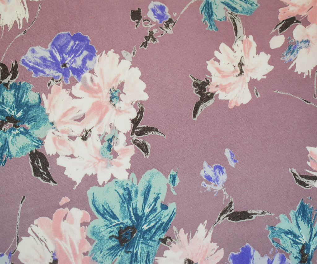 1 Yard Soft Mauve & Blue Floral Knit Stretchy, Lightweight, Perfect for Modern Styles, 58 Inches Wide