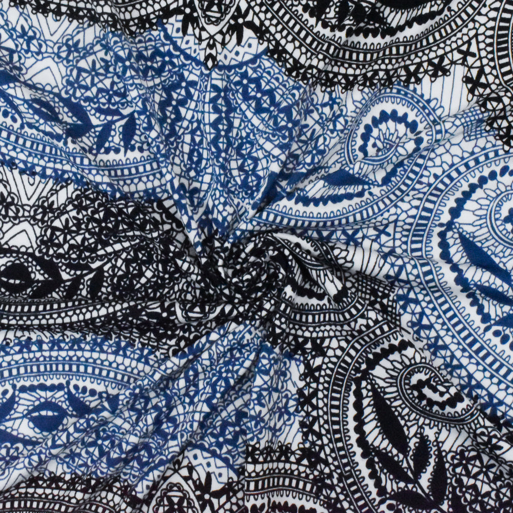 1 Yard Navy Blue White Black Lace Border Printed Stretch Poly Jersey Knit Fabric 58" Width