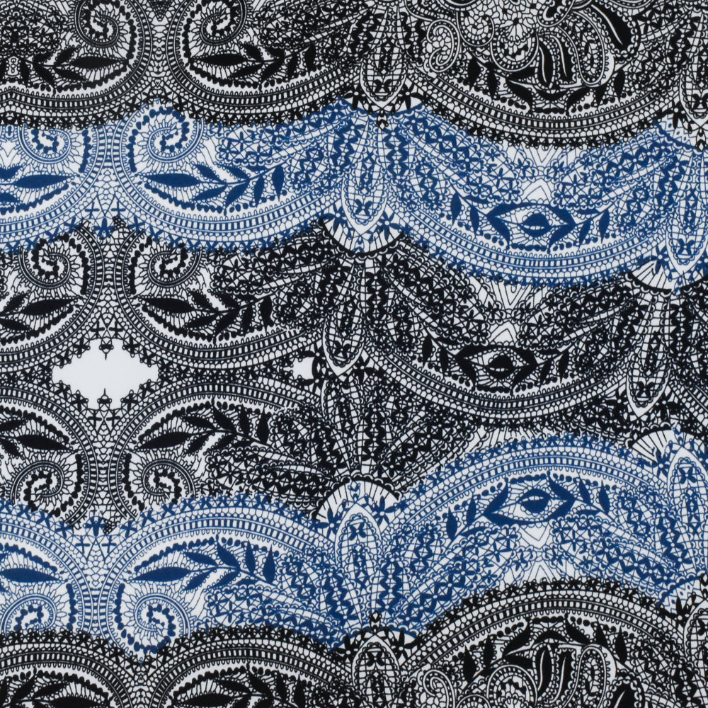 1 Yard Navy Blue White Black Lace Border Printed Stretch Poly Jersey Knit Fabric 58" Width