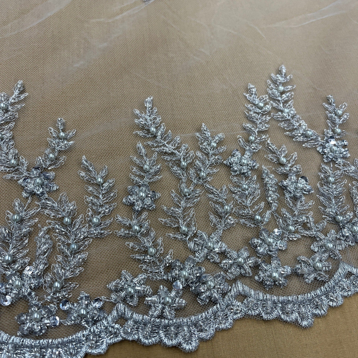 1 Yard Beaded Lace Fabric Embroidered, 100% Polyester Net Mesh, Elegant Textile for Fashion & Crafts