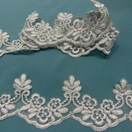 1 Yard Corded Lace Trimming on Net Mesh – 3" Wide Metallic | Embroidered Floral Lace for Special Occasions