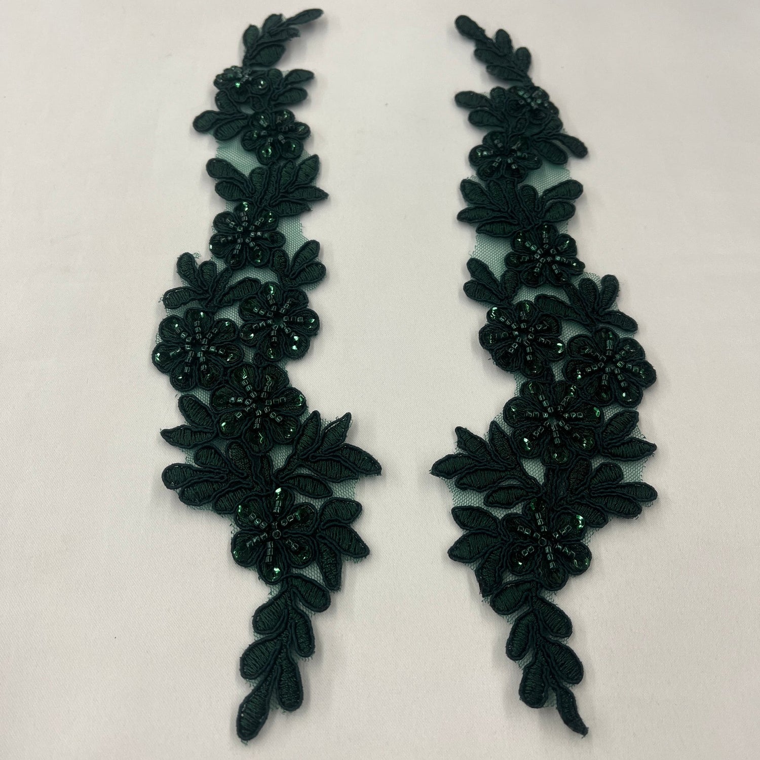 1 Pair 9.5" x 2" Each Side Beaded & Corded Floral Lace Applique Embroidered on 100% Polyester Net Mesh