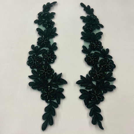 1 Pair 9.5" x 2" Each Side Beaded & Corded Floral Lace Applique Embroidered on 100% Polyester Net Mesh