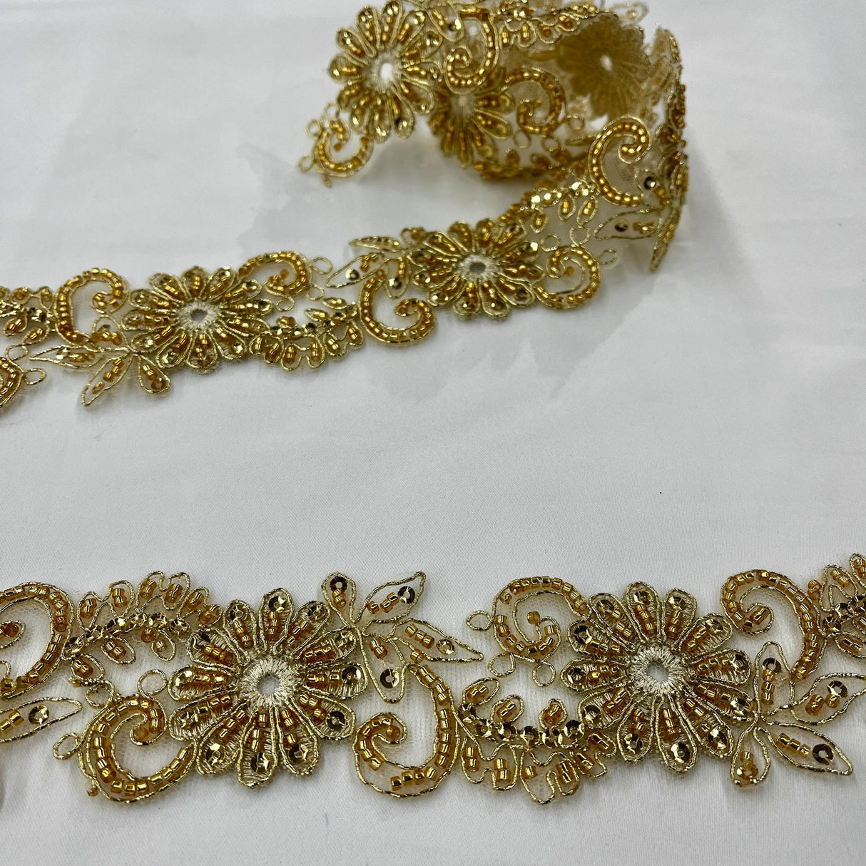 Beaded Corded Lace Trim on Polyester Mesh
