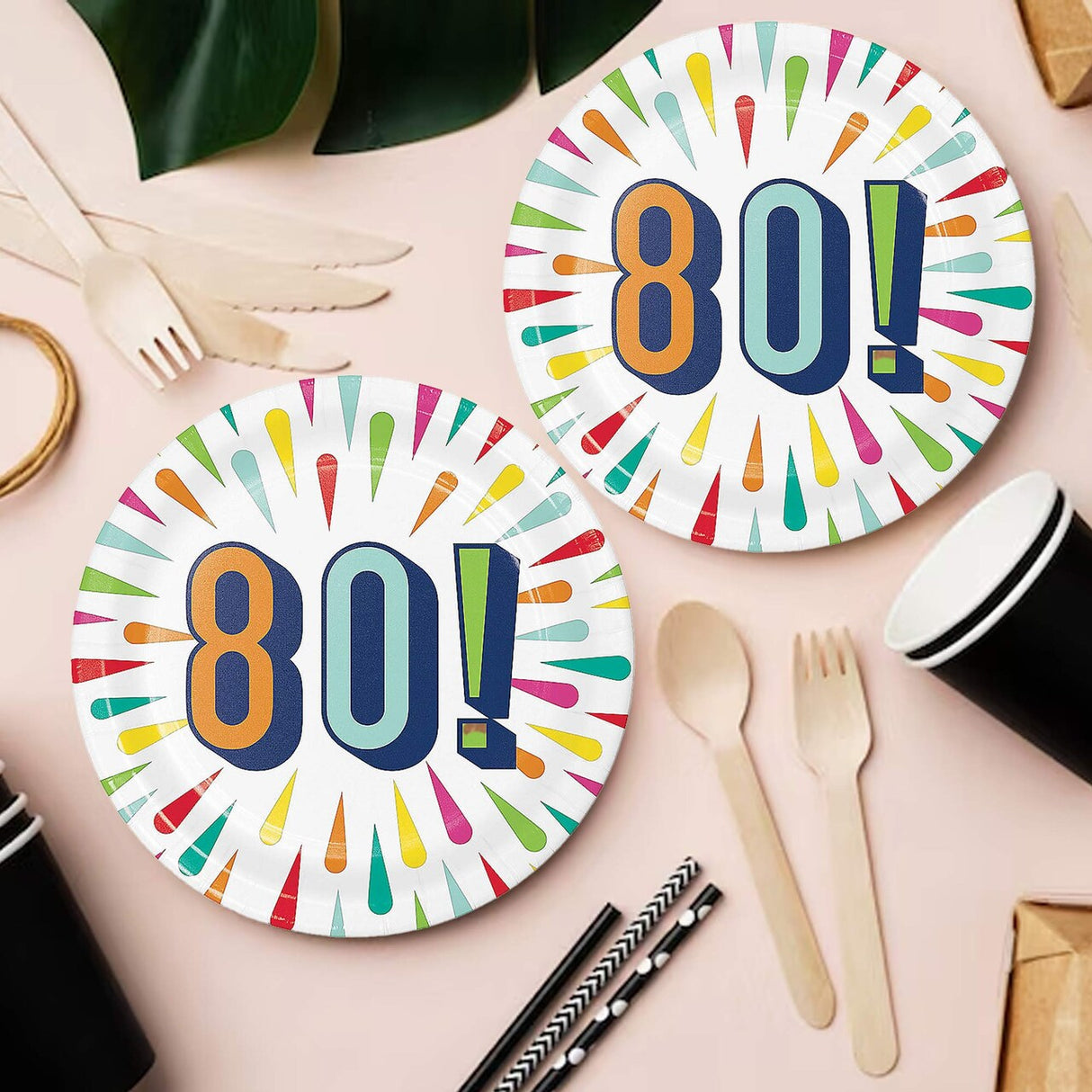 8 Ct. 80th Birthday Burst Paper Dessert Plates Colorful Milestone Party Tableware