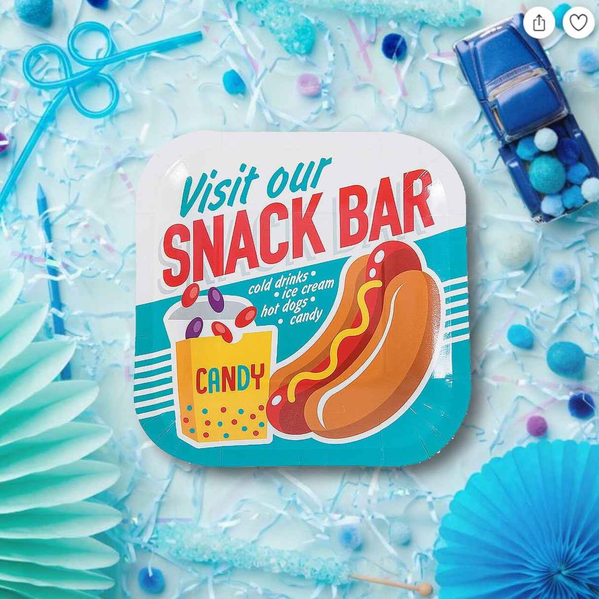 8 Ct. Movie Party Snack Bar Square Paper Dessert Plates 7" Disposable Plates, Cinema-Themed Party Tableware