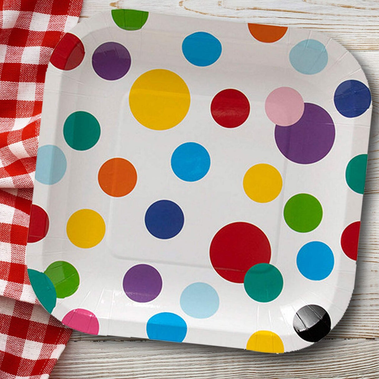 8 Ct. Colorful Polka Dot Square Dessert Plates 7" Disposable Plates, Fun Party Tableware