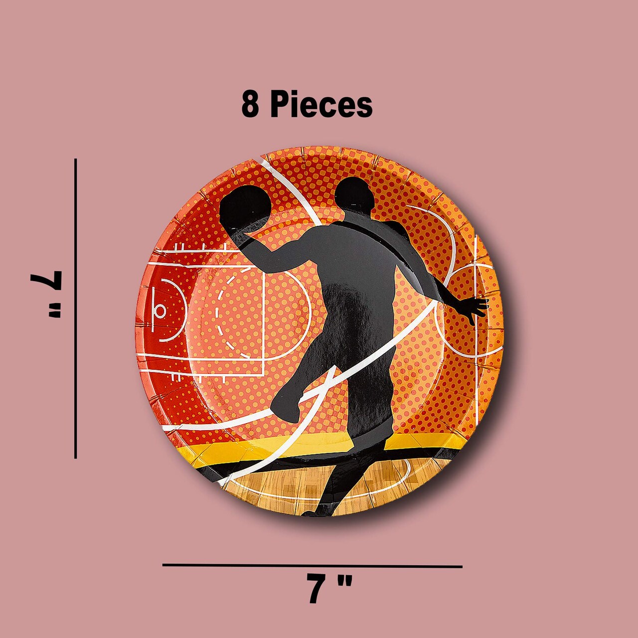 8 Ct. Basketball Party Silhouette Paper Dessert Plates 7 1/4" Disposable Plates, Sports-Themed Birthday Tableware