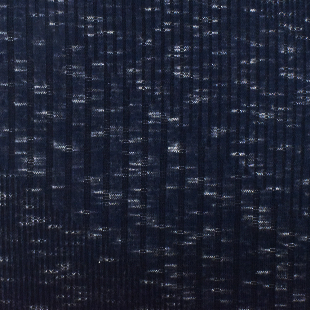 1 Yard Dark Navy & White Slub Rib Knit, Diagonal Texture Stretch Fabric for Apparel, 62" Wide