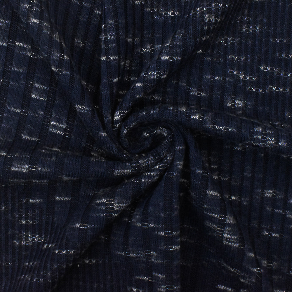 1 Yard Dark Navy & White Slub Rib Knit, Diagonal Texture Stretch Fabric for Apparel, 62" Wide