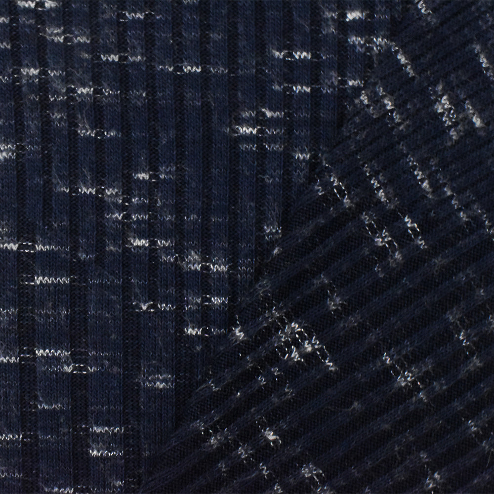1 Yard Dark Navy & White Slub Rib Knit, Diagonal Texture Stretch Fabric for Apparel, 62" Wide