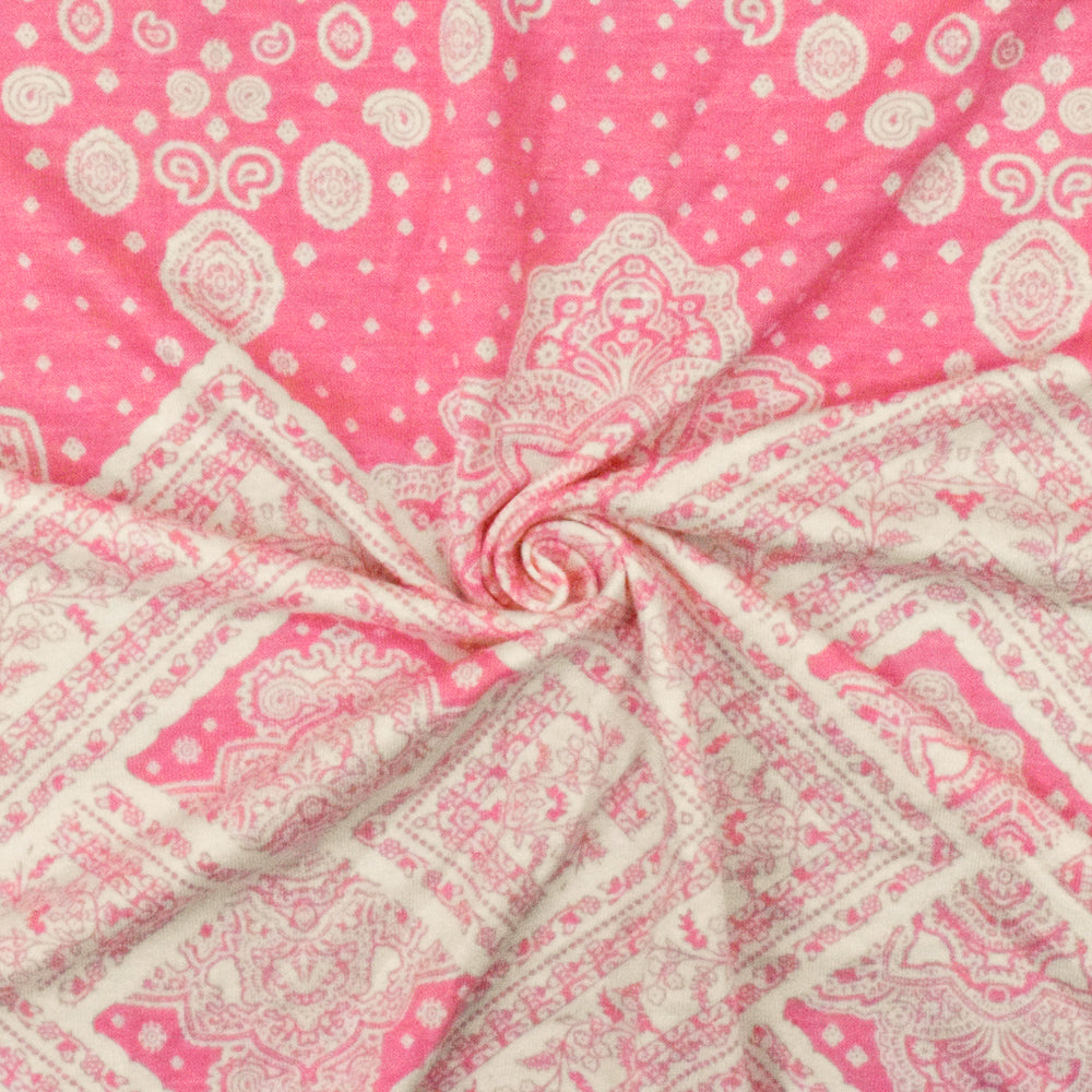 1 Yard Geranium Pink White Baroque Border Printed Stretch Rayon ITY Jersey Fabric, Ideal for Breathable, Elegant Clothing Projects 62" Width