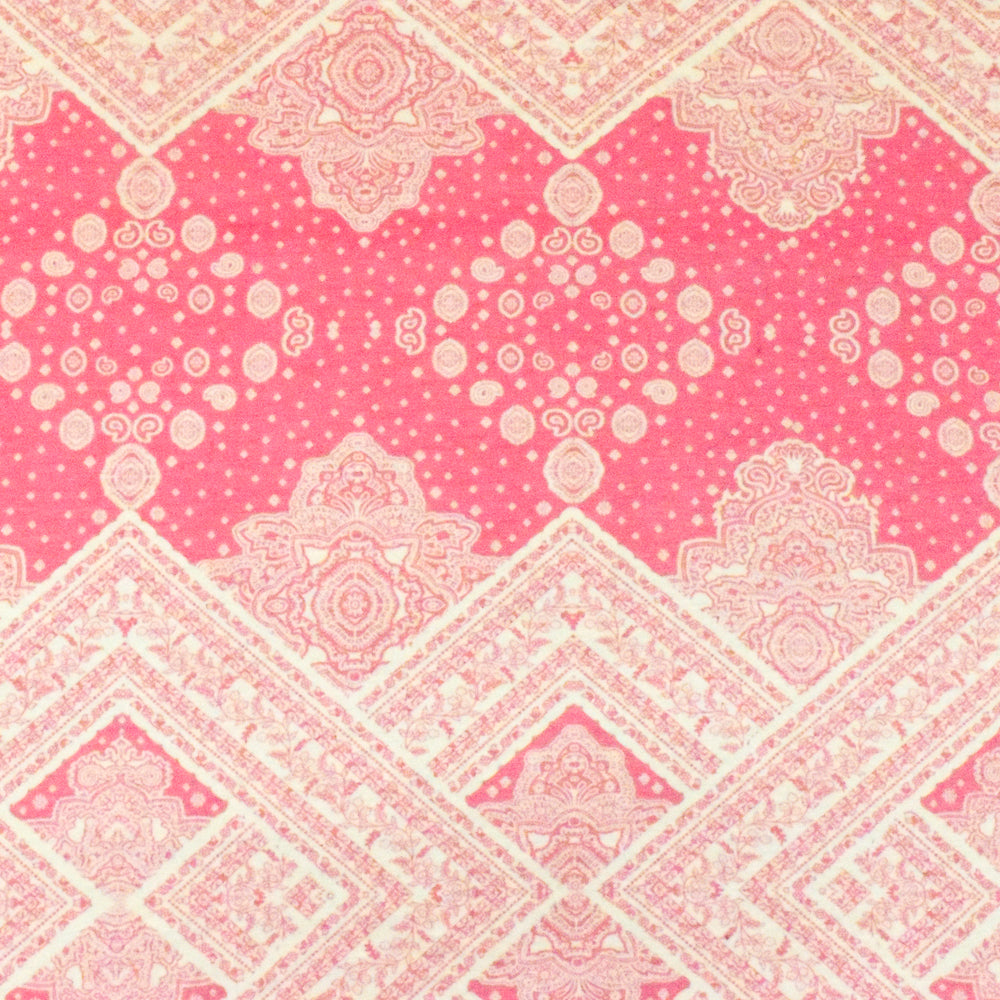 1 Yard Geranium Pink White Baroque Border Printed Stretch Rayon ITY Jersey Fabric, Ideal for Breathable, Elegant Clothing Projects 62" Width