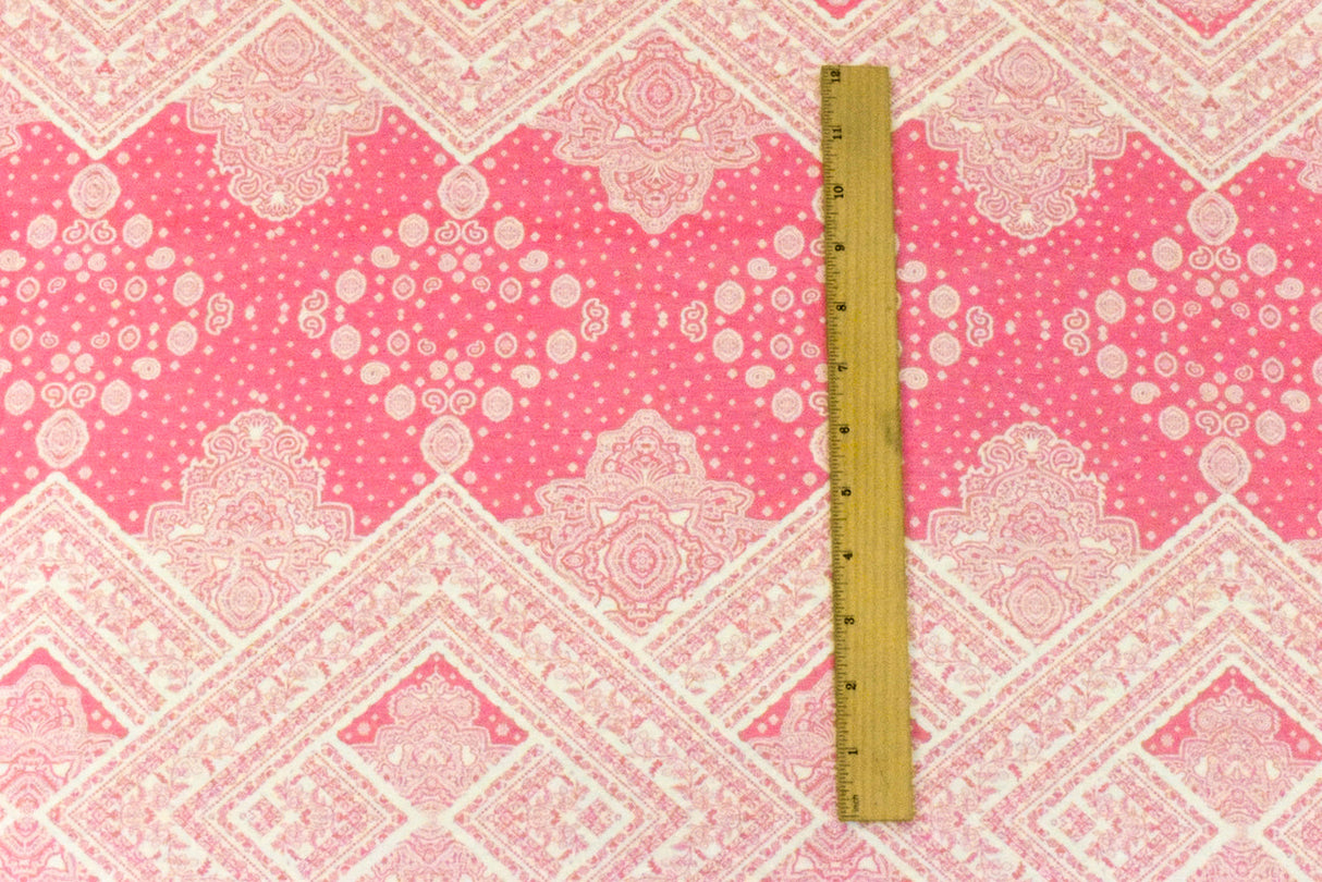 1 Yard Geranium Pink White Baroque Border Printed Stretch Rayon ITY Jersey Fabric, Ideal for Breathable, Elegant Clothing Projects 62" Width