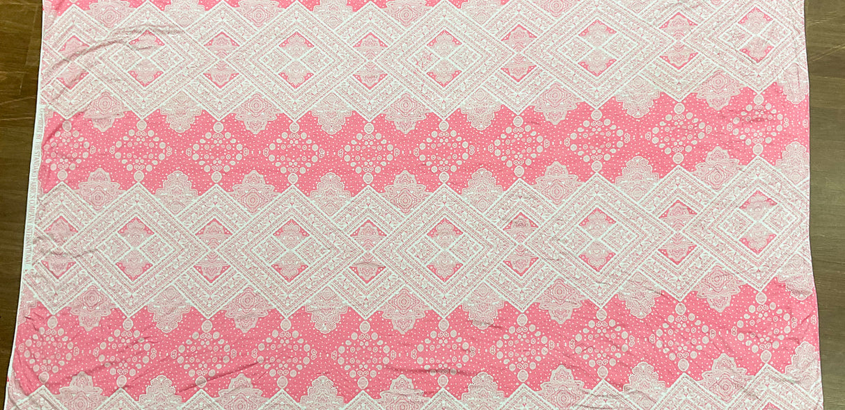 1 Yard Geranium Pink White Baroque Border Printed Stretch Rayon ITY Jersey Fabric, Ideal for Breathable, Elegant Clothing Projects 62" Width